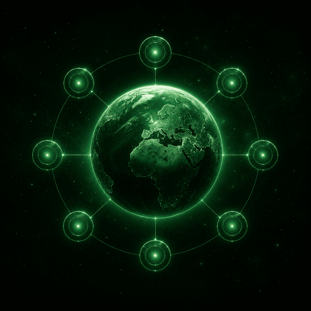 A green Earth ringed by a constellation of eight connected points.