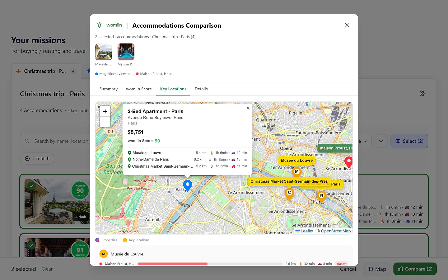 Your key locations plotted on the map with travel times