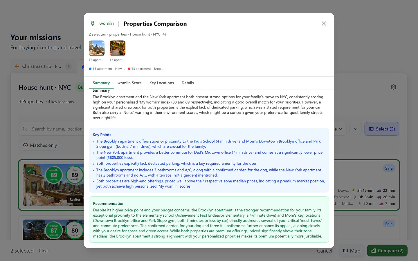Side-by-side property comparison with an AI synthesis recommendation