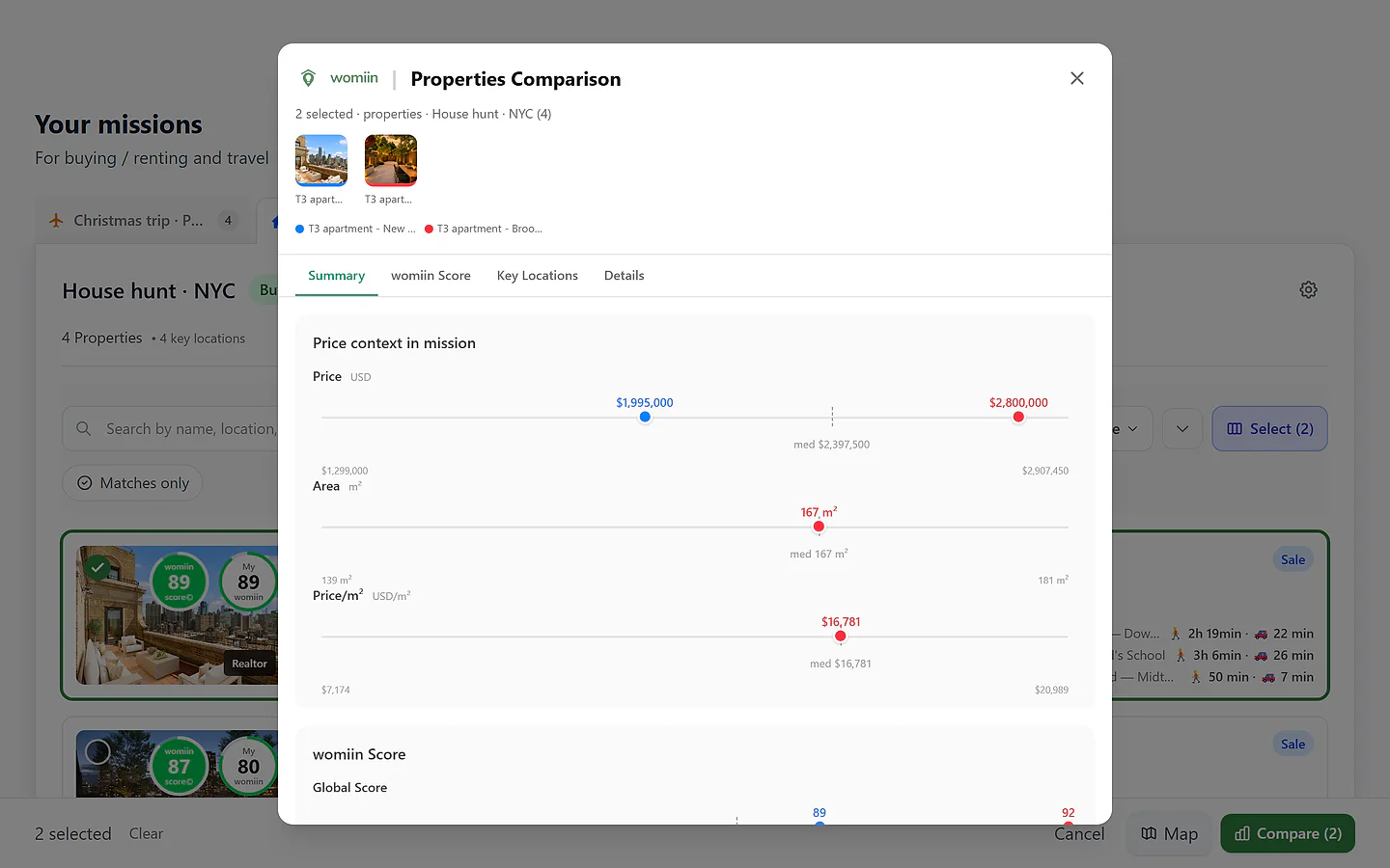 Comparison view highlighting each property's price context