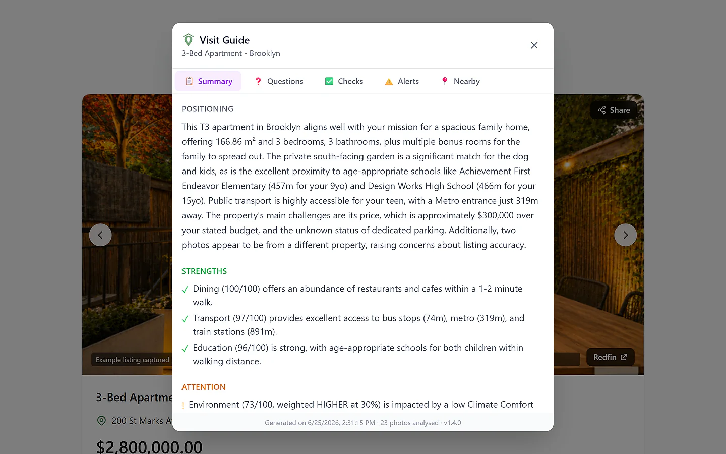The field guide summary for an upcoming property visit