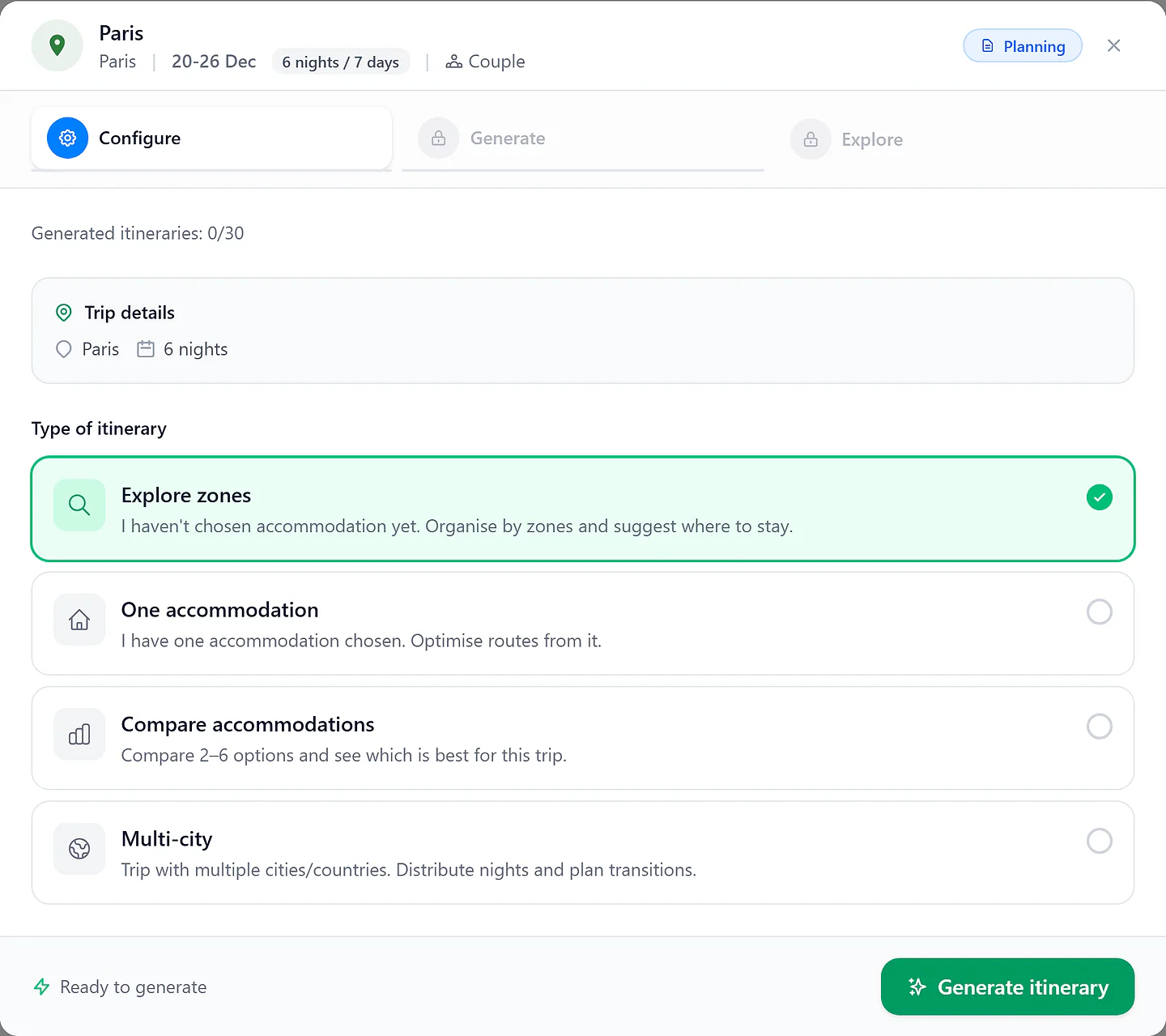 The itinerary configuration modal — choosing the scope of the plan: explore zones, one accommodation, compare accommodations, or a multi-city trip.