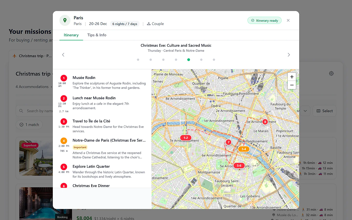 A day of a travel itinerary with stops spread across the map