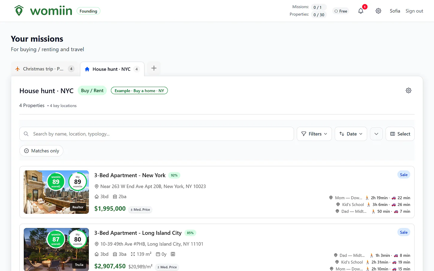 A home-search mission dashboard with saved, scored properties