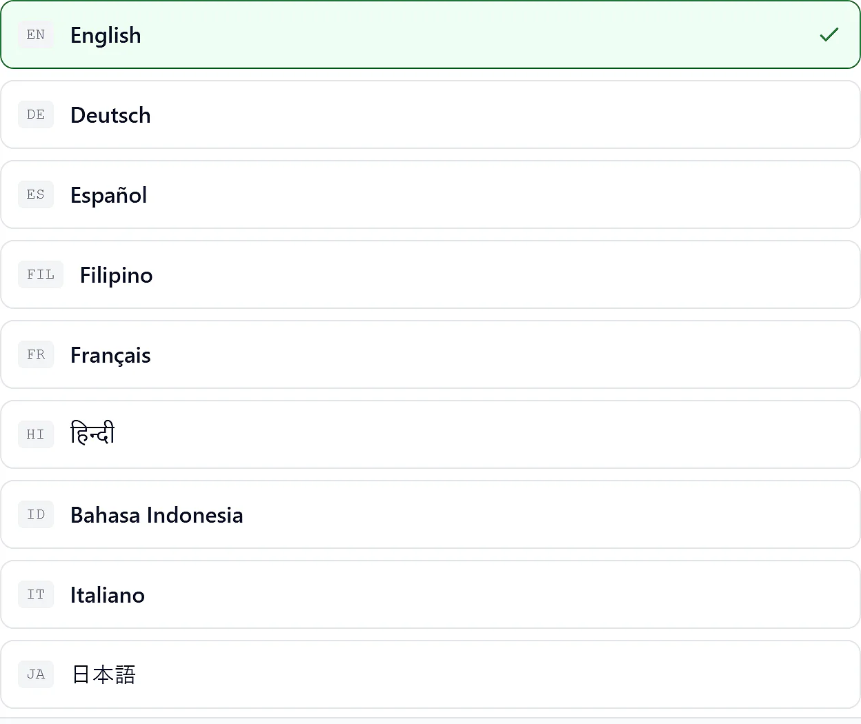 The womiin Settings screen showing the language selector, with each language listed in its own name